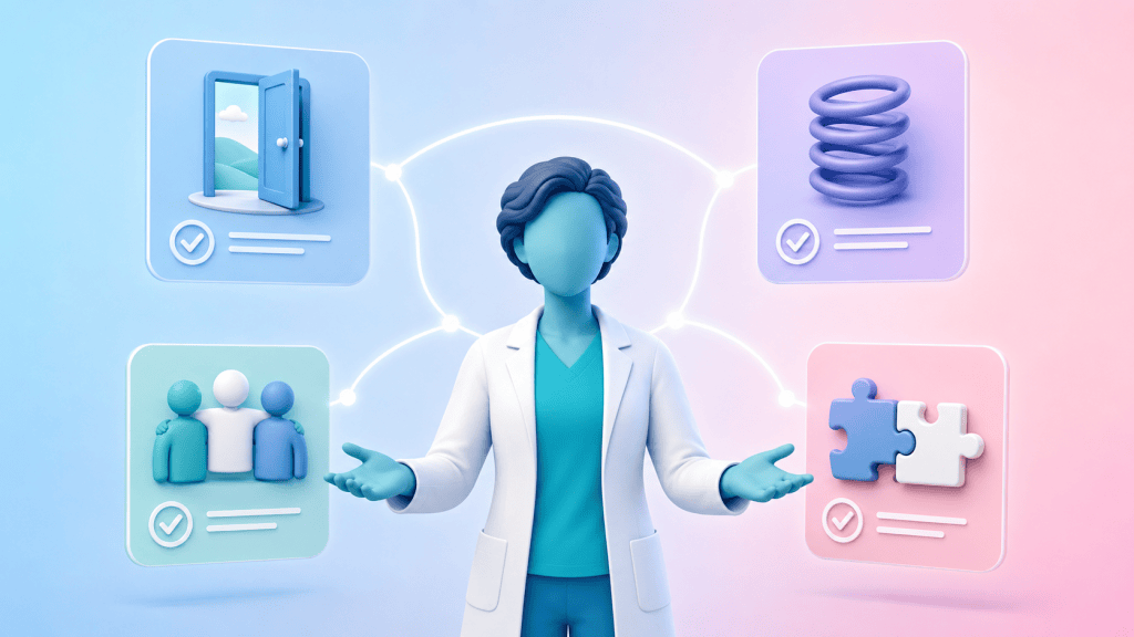 A figure with outstretched arms surrounded by icons for increased access, flexibility, workforce resilience, and continuity of care, representing the key benefits of remote pharmacists.