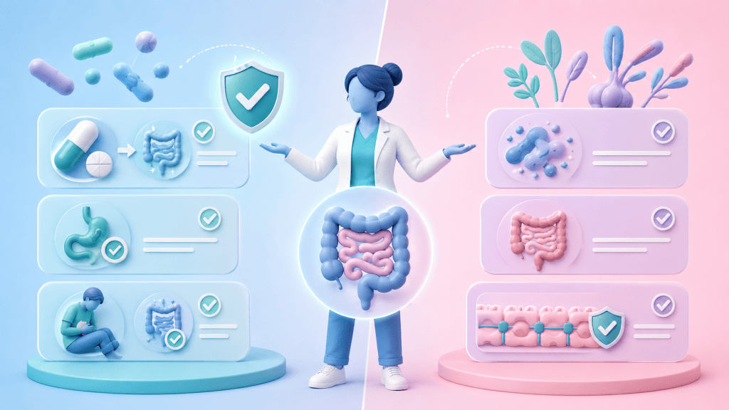 A split image showing benefits of probiotics (restoring gut balance, specific issues) and prebiotics (feeding healthy bacteria, bowel regularity), highlighting their respective health advantages.