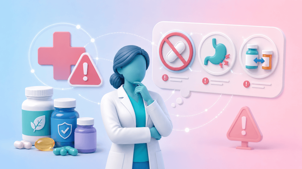 A concerned figure is surrounded by warning signs: a crossed-out pill, a stomach ache icon, and overlapping medication bottles, illustrating the potential risks and drug interactions of supplements.
