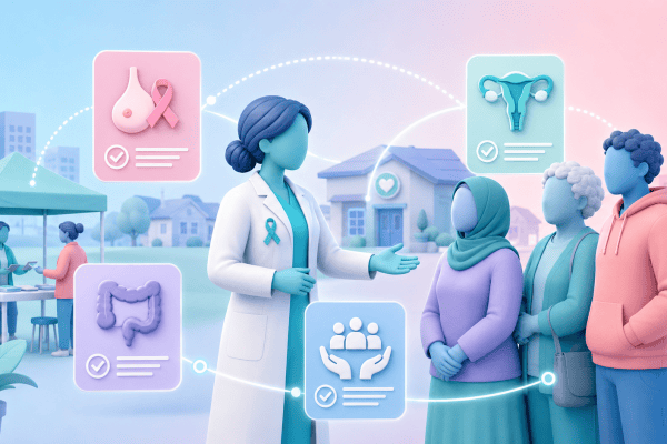 Healthcare professional reaching out to diverse community members, symbolizing efforts to improve cancer screening uptake in deprived populations.
