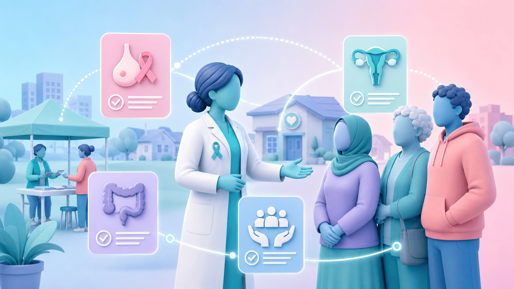 Healthcare professional reaching out to diverse community members, symbolizing efforts to improve cancer screening uptake in deprived populations.
