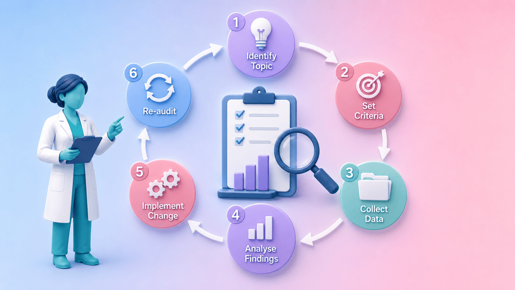 A circular diagram illustrating the six stages of the clinical audit cycle: Identify Topic, Set Criteria, Collect Data, Analyse Findings, Implement Change, and Re-audit.