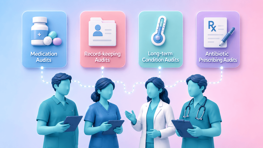 A collage of icons representing various types of clinical audits, including medication, patient records, and long-term conditions, showcasing practical examples in healthcare.