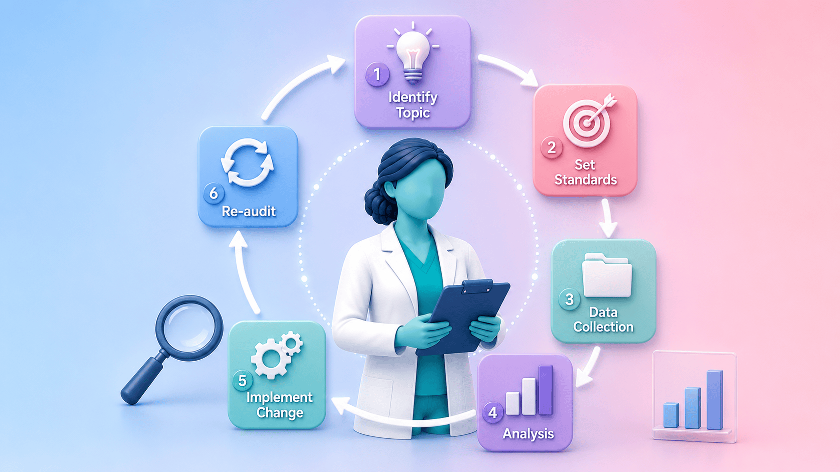 Healthcare professional surrounded by a circular flow of icons representing the clinical audit cycle, emphasizing quality improvement in primary care.
