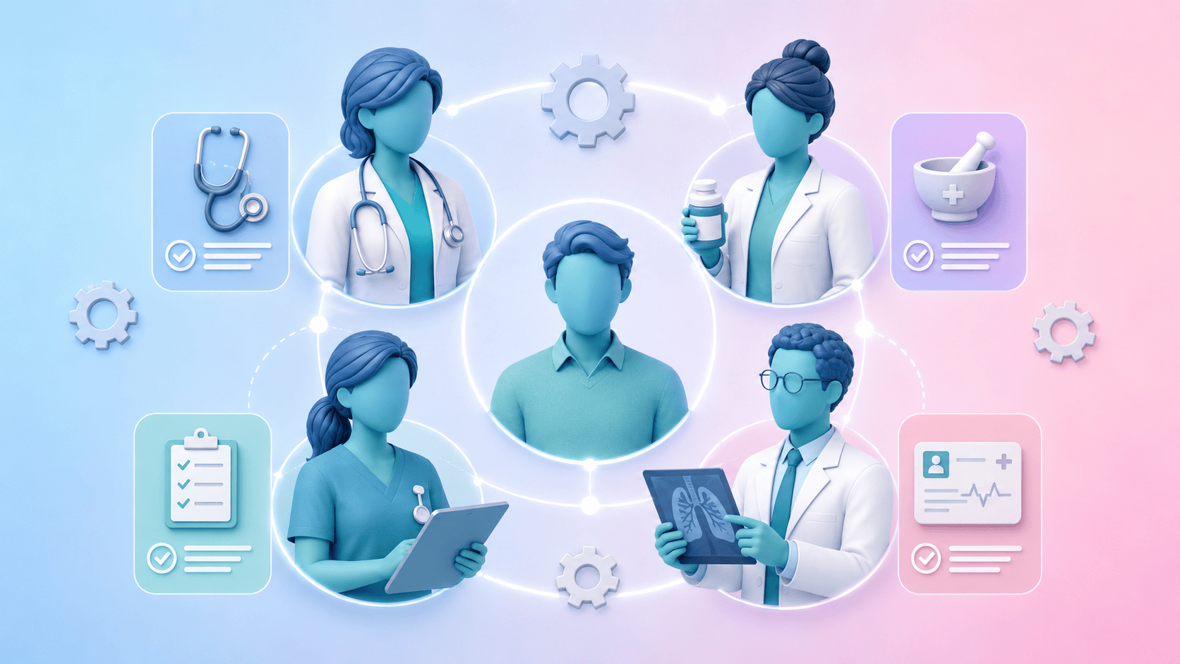Healthcare team discussing patient care with digital tools and icons.