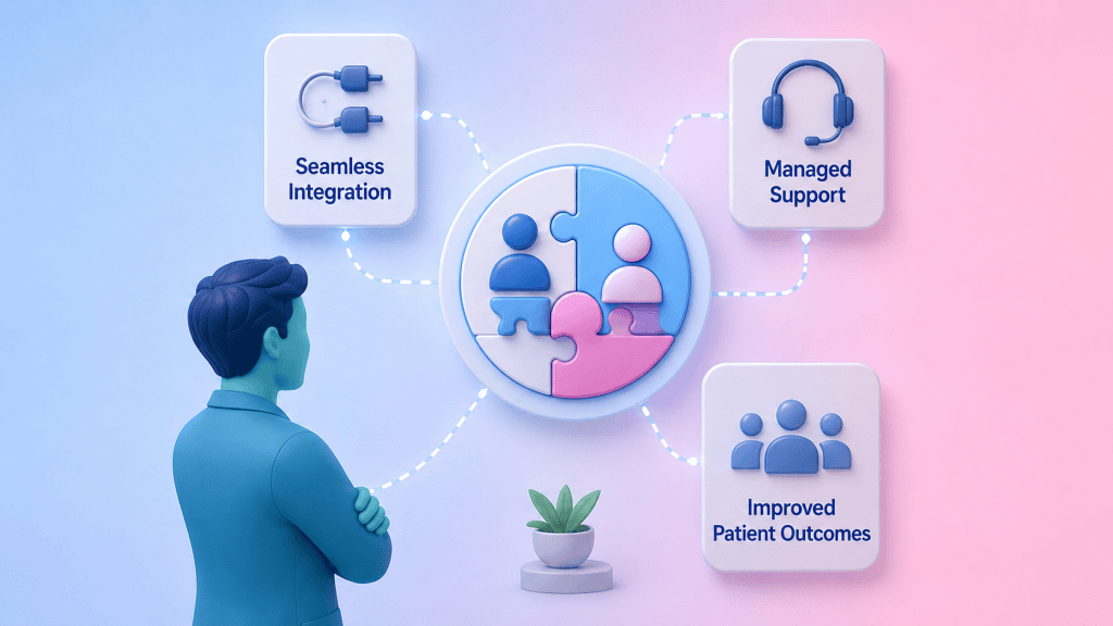 A GP or PCN lead confidently looking towards the Core Prescribing Solutions logo, with icons for seamless integration and managed support, illustrating CPS assistance for EMIS integrated support.