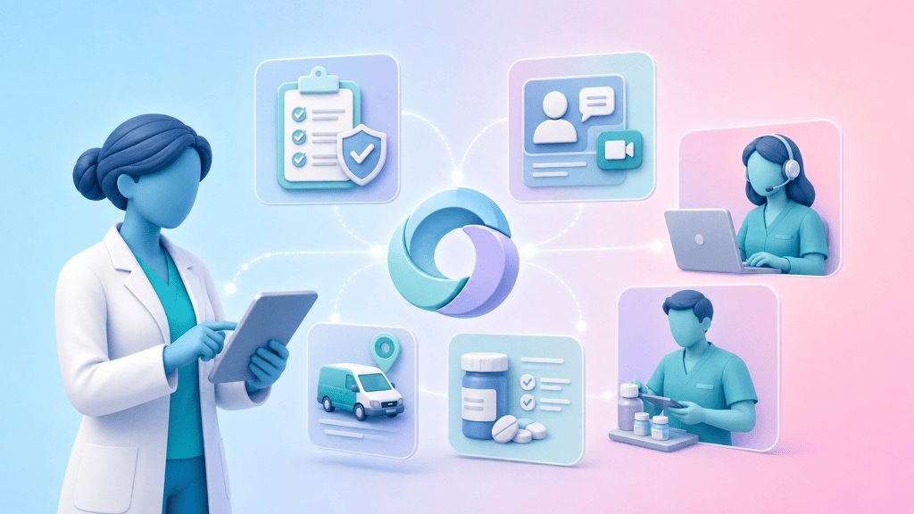 A primary care team member receiving support from Core Prescribing Solutions, with icons for structured clinical workflows and remote medication reviews, illustrating comprehensive assistance.