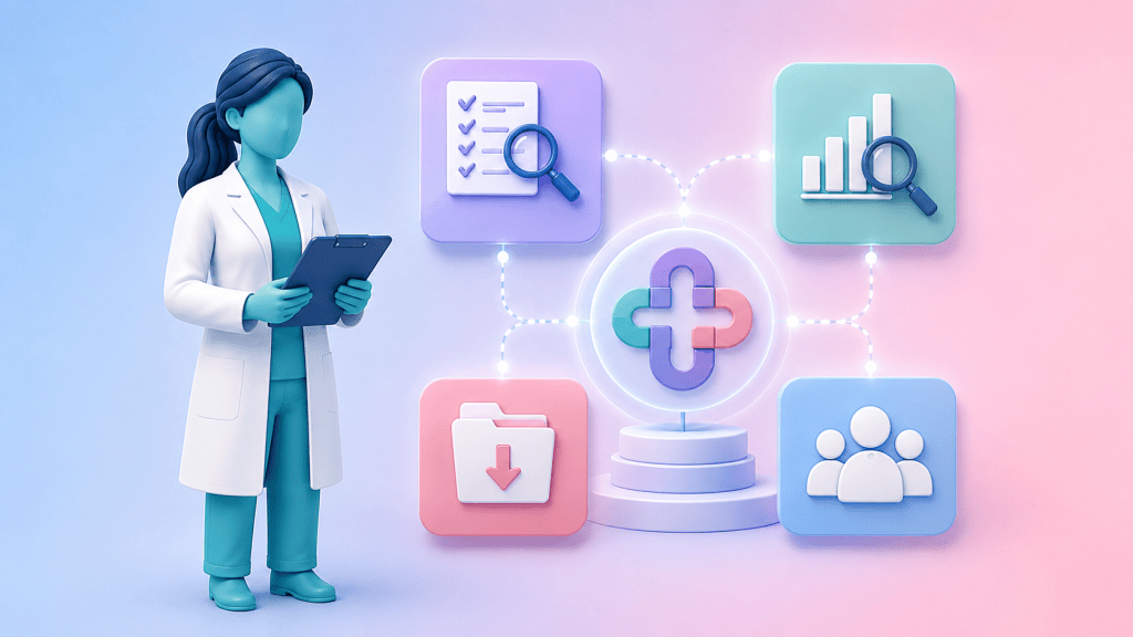 A primary care professional receiving support from Core Prescribing Solutions, with icons for audit criteria review and action planning, illustrating comprehensive assistance for clinical audit.
