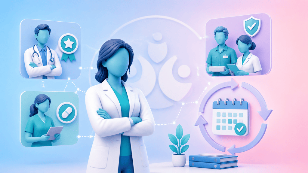 A confident PCN leader with the Core Prescribing Solutions logo, surrounded by icons for experienced clinical pharmacists and maintained service continuity, illustrating CPS support for pharmacist cover.