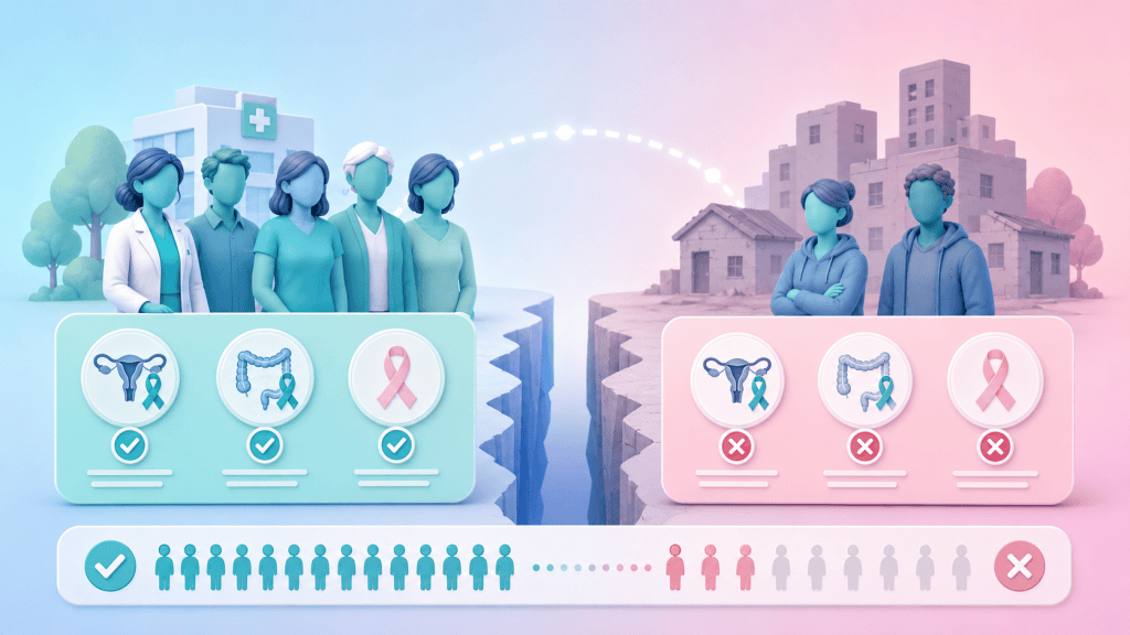 Visual representation of a disparity in cancer screening rates, showing lower participation in deprived communities compared to affluent areas.