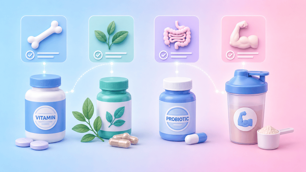 A visual array of stylized vitamin bottles, herbal leaves, probiotic capsules, and protein shakes, each linked to an icon representing its primary health benefit.