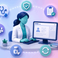 A clinical pharmacist working within a digital EMIS Web interface, symbolizing reduced GP workload, improved medicines safety, and seamless medication reconciliation.