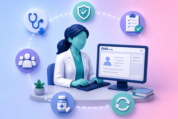A clinical pharmacist working within a digital EMIS Web interface, symbolizing reduced GP workload, improved medicines safety, and seamless medication reconciliation.