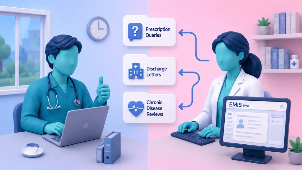 A GP with reduced paperwork and a clinical pharmacist efficiently managing tasks within EMIS, illustrating how integrated support reduces GP workload.