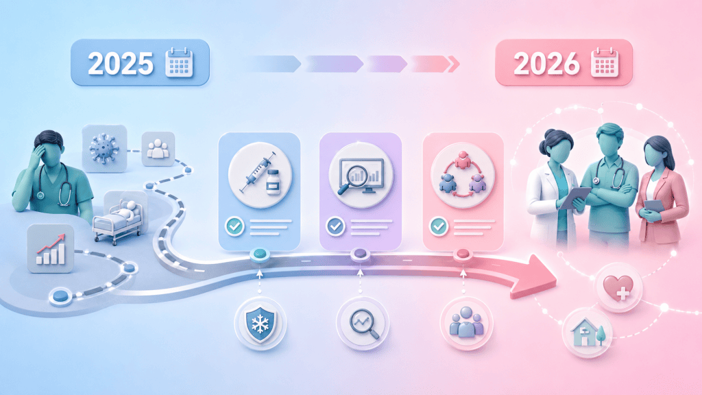 A timeline with markers for 2025 and 2026, featuring icons for prevention, early intervention, and coordinated care, depicting evolving strategies for winter pressures.