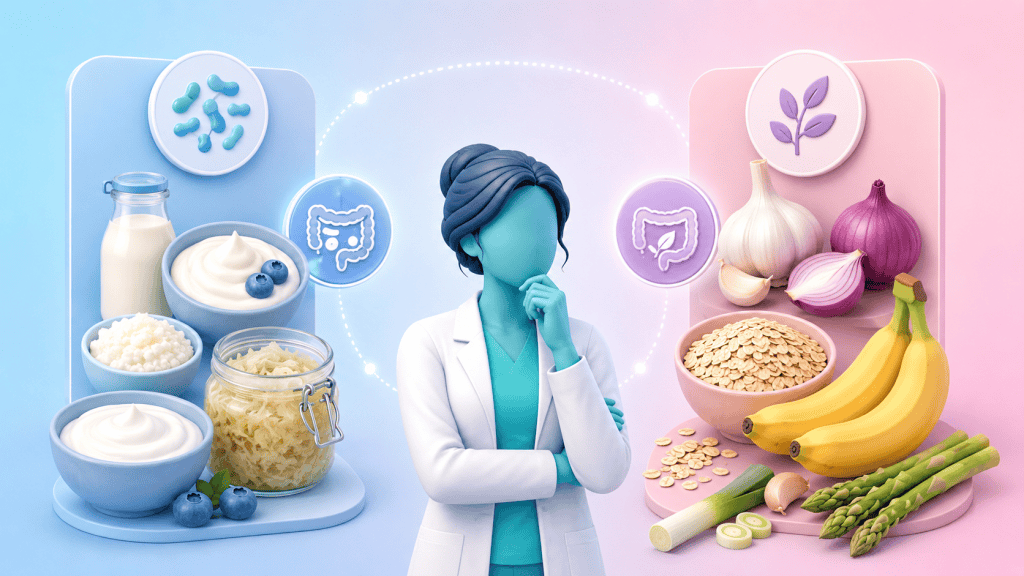 A figure surrounded by food icons, categorizing probiotic-rich foods (yogurt, kimchi) and prebiotic-rich foods (garlic, oats), emphasizing a food-first approach for gut health.