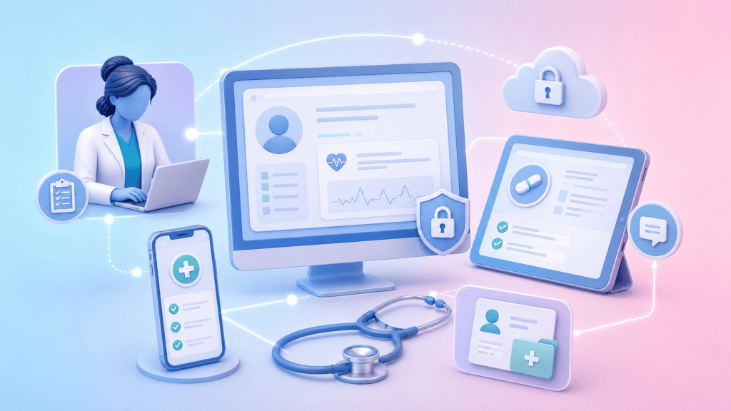 A network of interconnected digital devices with a stethoscope, illustrating secure digital access and seamless integration of remote pharmacy into NHS primary care workflows.