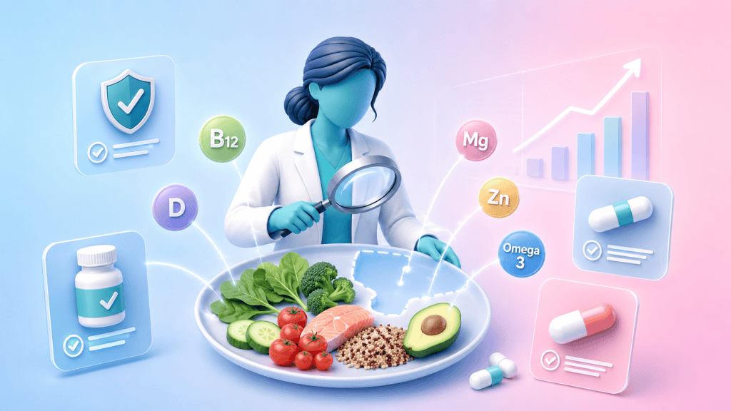 A figure examines a plate with missing food groups, while nutrient icons fill the gaps, symbolizing how supplements address nutritional deficiencies in modern diets.