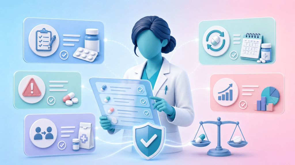 A pharmacist reviews a digital medication list with icons for structured reviews, high-risk alerts, and safe prescribing, representing medicines optimisation in chronic disease management.
