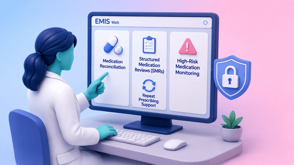 A clinical pharmacist interacting with an EMIS screen displaying icons for medication reconciliation, SMRs, and high-risk medication monitoring, supporting medicines optimisation.
