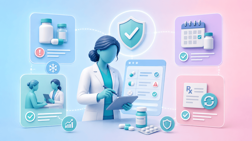 A pharmacist reviews a medication chart with icons for high-risk medicines, structured reviews, and safe prescribing, illustrating medicines optimisation actions to reduce winter demand.