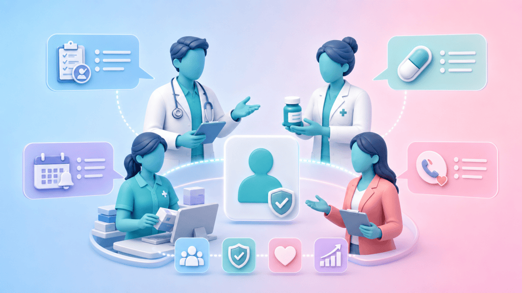 A multidisciplinary team (GP, pharmacist, technician, care coordinator) collaborating around a patient icon, illustrating their collective support for cancer screening uptake.