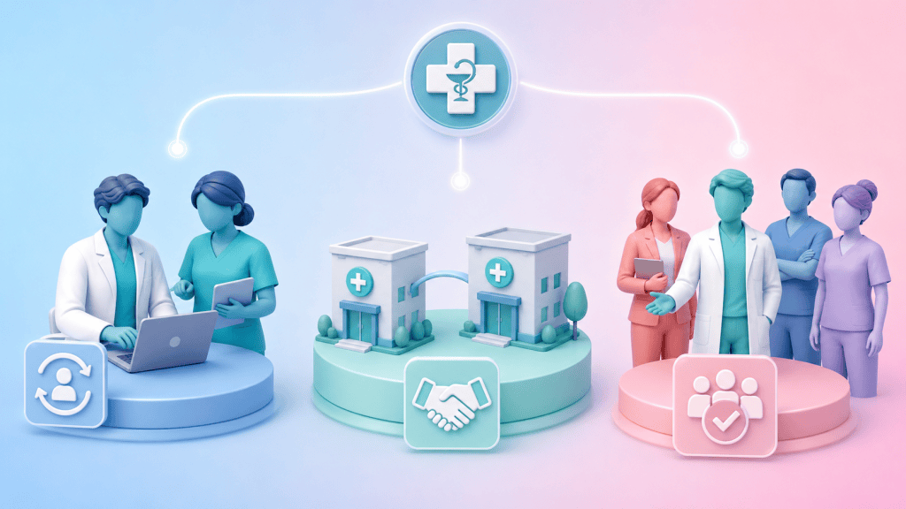 Three distinct visual pathways representing internal redeployment, cross-PCN resource sharing, and managed service providers as options for PCN pharmacist cover.