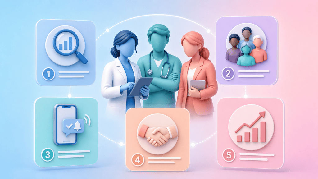 Five icons representing practical actions for PCNs: identifying non-responders, segmenting patients, personalized reminders, community partnerships, and monitoring uptake, to improve cancer screening engagement.