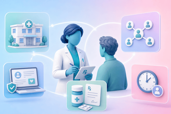 An independent prescribing pharmacist interacting with a patient, surrounded by symbols of primary care, digital health, and increased capacity, representing the future of prescribing.