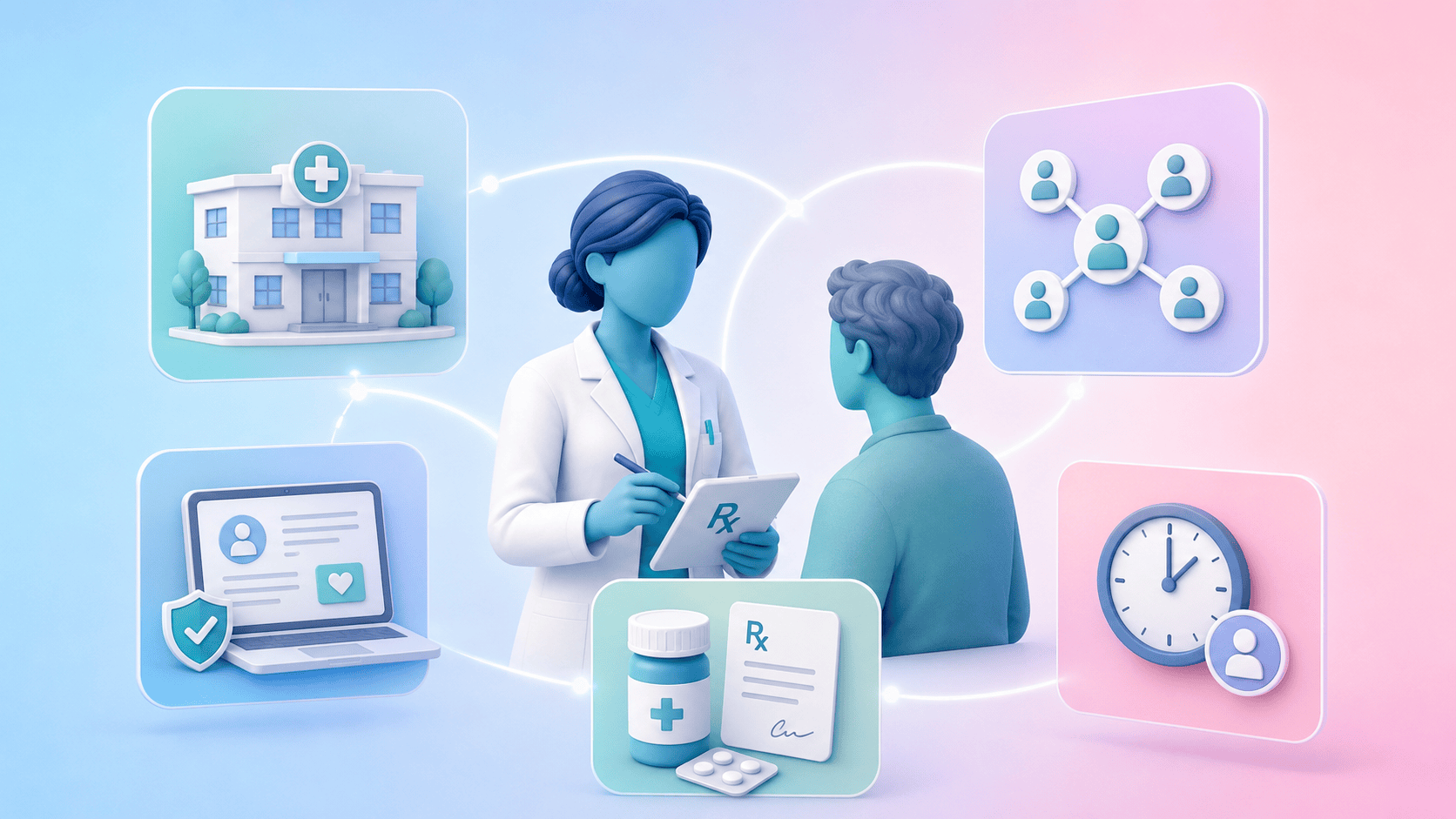An independent prescribing pharmacist interacting with a patient, surrounded by symbols of primary care, digital health, and increased capacity, representing the future of prescribing.