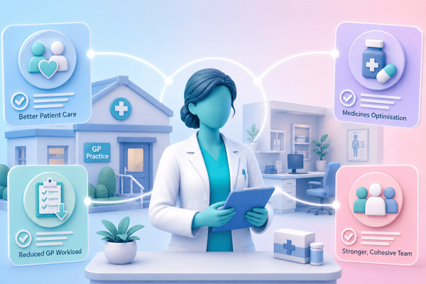 A clinical pharmacist or pharmacy technician integrated into a GP practice, surrounded by icons of patient care and medicines optimisation, representing effective pharmacy staffing solutions.