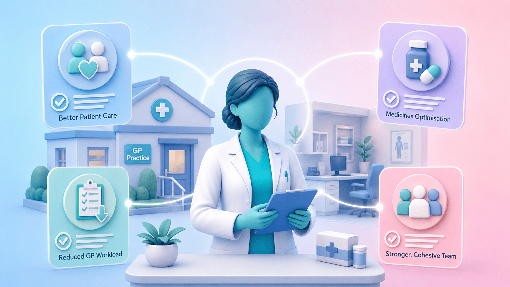 A clinical pharmacist or pharmacy technician integrated into a GP practice, surrounded by icons of patient care and medicines optimisation, representing effective pharmacy staffing solutions.