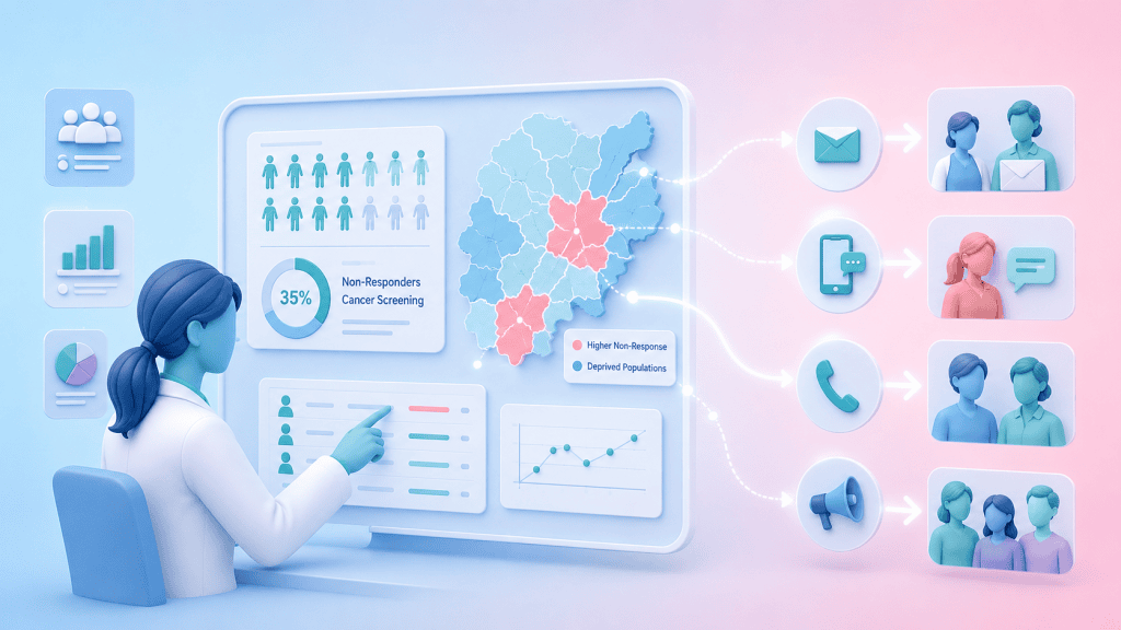 A figure analyzing demographic data on a map, with targeted interventions for deprived populations, illustrating the use of population health management for cancer screening.