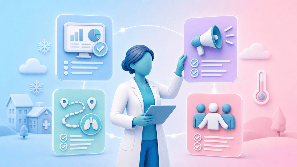 A figure organizes action-oriented icons for demand tracking, triage, respiratory pathways, and workload redistribution, representing practical steps for primary care to manage winter pressures.