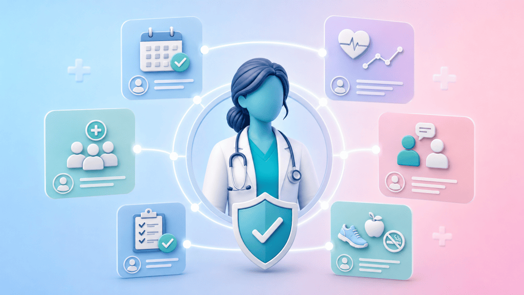 Digital healthcare concept with a female doctor and health icons.