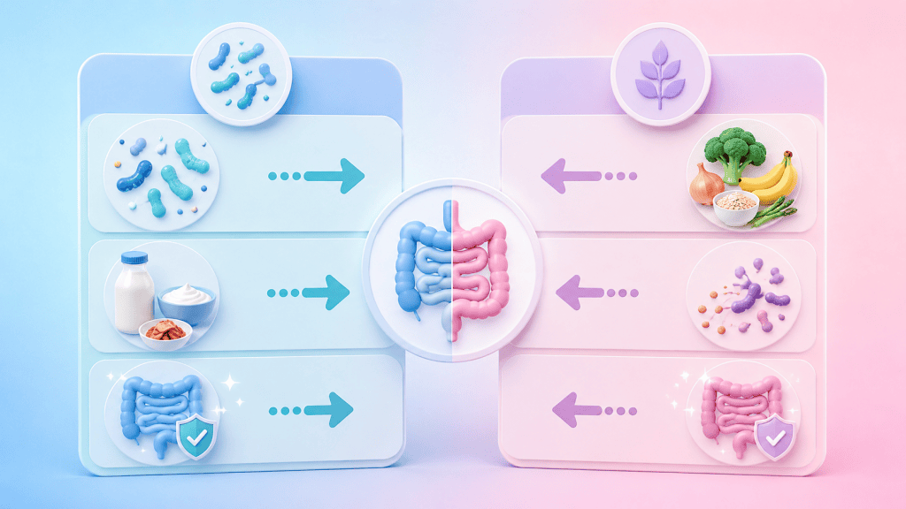 A comparison table with distinct icons for probiotics (live microbes) and prebiotics (food for microbes), detailing their key differences in function and sources.
