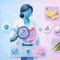 A person examining a stylized gut, with icons for probiotics (yogurt, bacteria) and prebiotics (fiber-rich foods), illustrating the key differences for gut health.