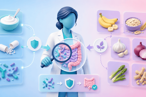 A person examining a stylized gut, with icons for probiotics (yogurt, bacteria) and prebiotics (fiber-rich foods), illustrating the key differences for gut health.