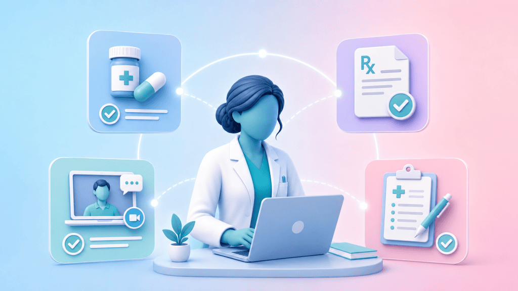 A remote pharmacist surrounded by icons depicting medication review, prescribing support, video consultations, and clinical documentation, outlining their key duties.