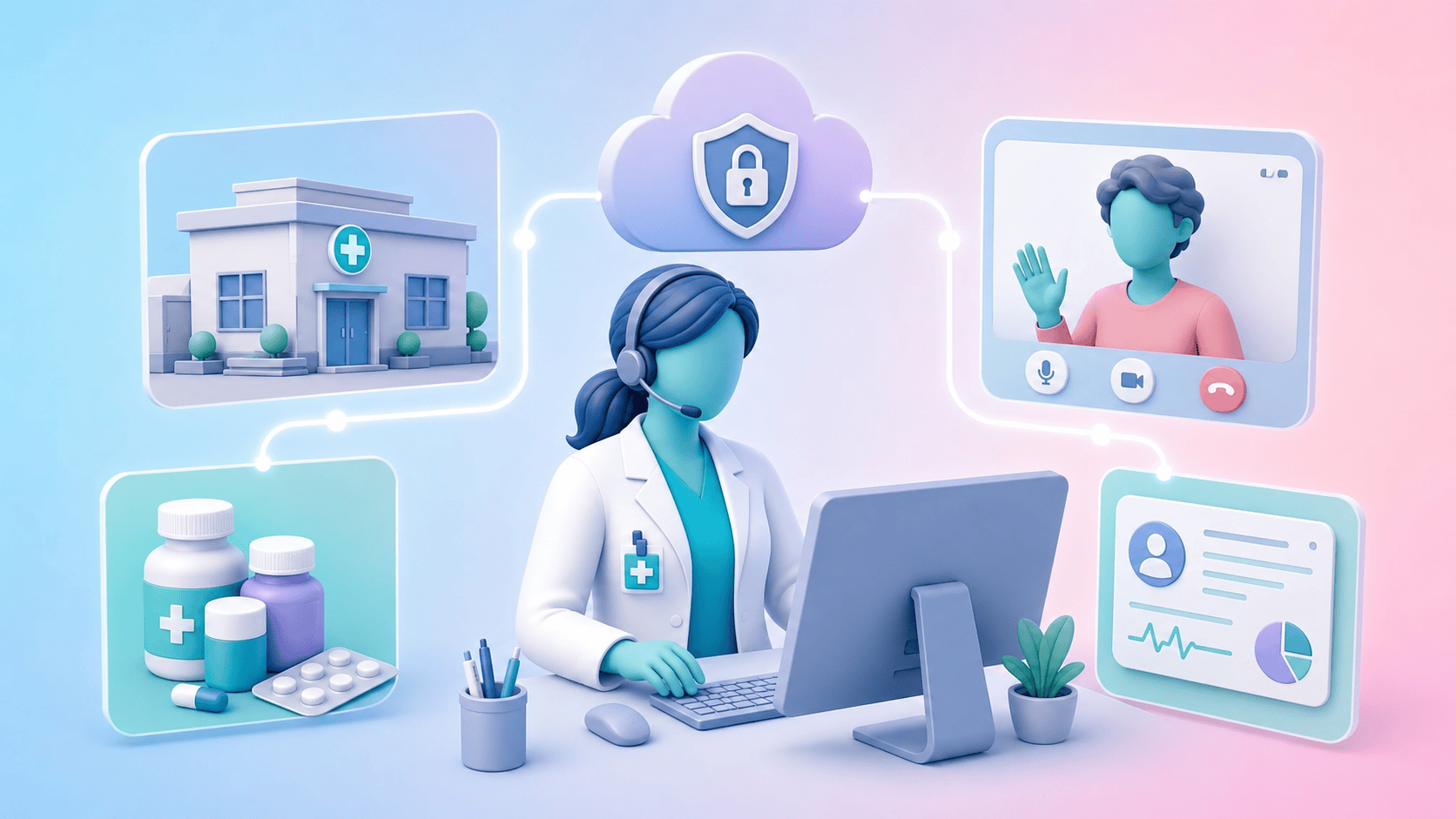 A remote pharmacist working at a computer, digitally connected to various primary care services, symbolizing telepharmacy in modern healthcare.