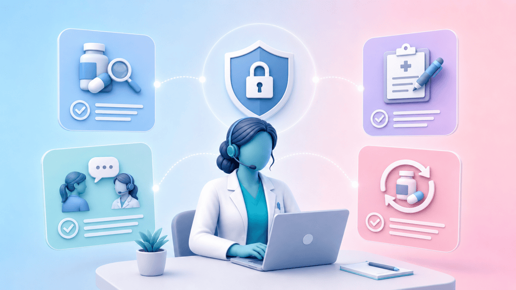 A remote pharmacist with icons for medication review, prescribing support, patient consultations, and medicines optimisation, emphasizing their detailed responsibilities and governance.