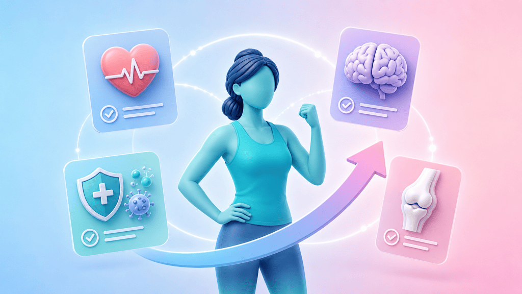 A vibrant, healthy figure radiates energy, surrounded by icons representing a strong heart, clear brain, robust immune system, and flexible joints, symbolizing the holistic benefits of supplementation.