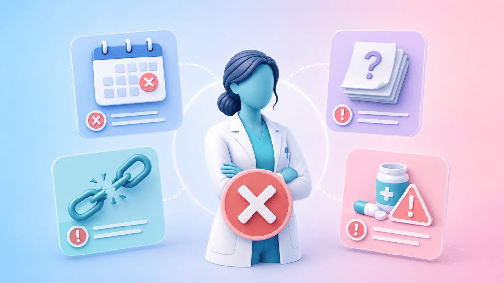 Icons for cancelled medication reviews, escalating prescribing queries, and disrupted long-term condition management, illustrating services at risk during a clinical pharmacist's absence.