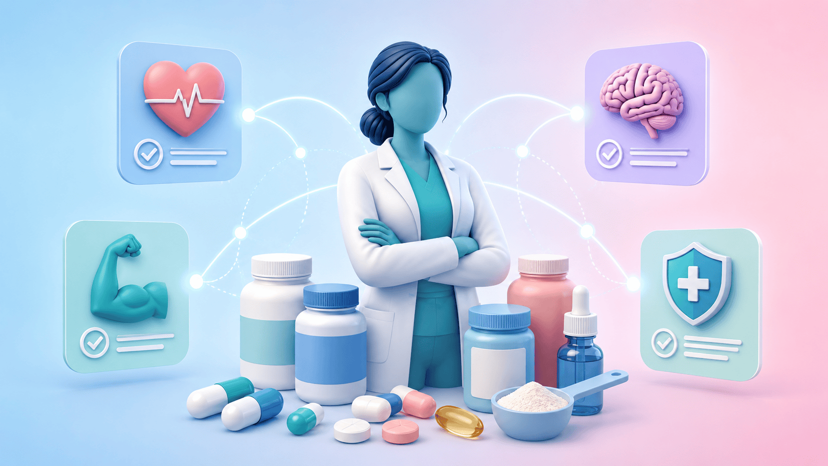 A healthcare professional interacts with a holographic display of various supplements and health icons, illustrating their integrated role in modern medicine and patient well-being.