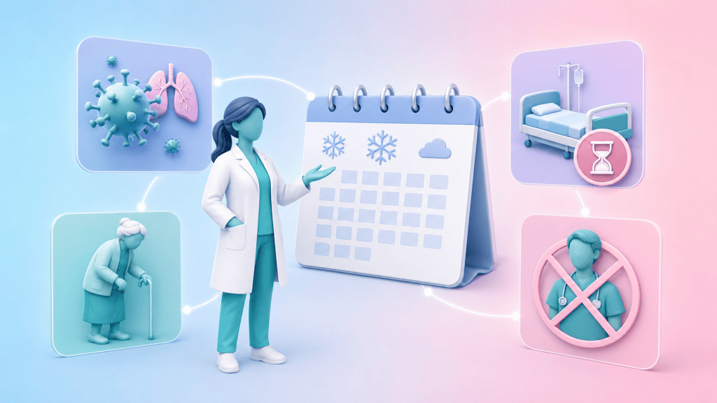 A figure examines a calendar with winter months, surrounded by icons for respiratory illness, frailty, delayed discharge, and workforce absence, explaining NHS winter pressures.