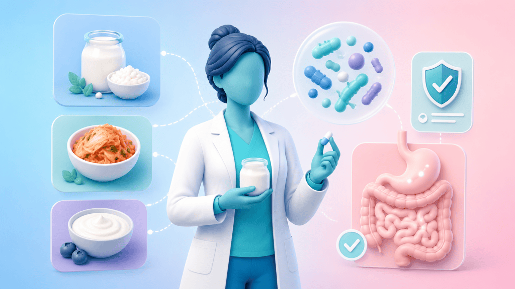 A figure holding yogurt, surrounded by fermented foods and microscopic bacteria, defining probiotics as live beneficial microorganisms for gut health.