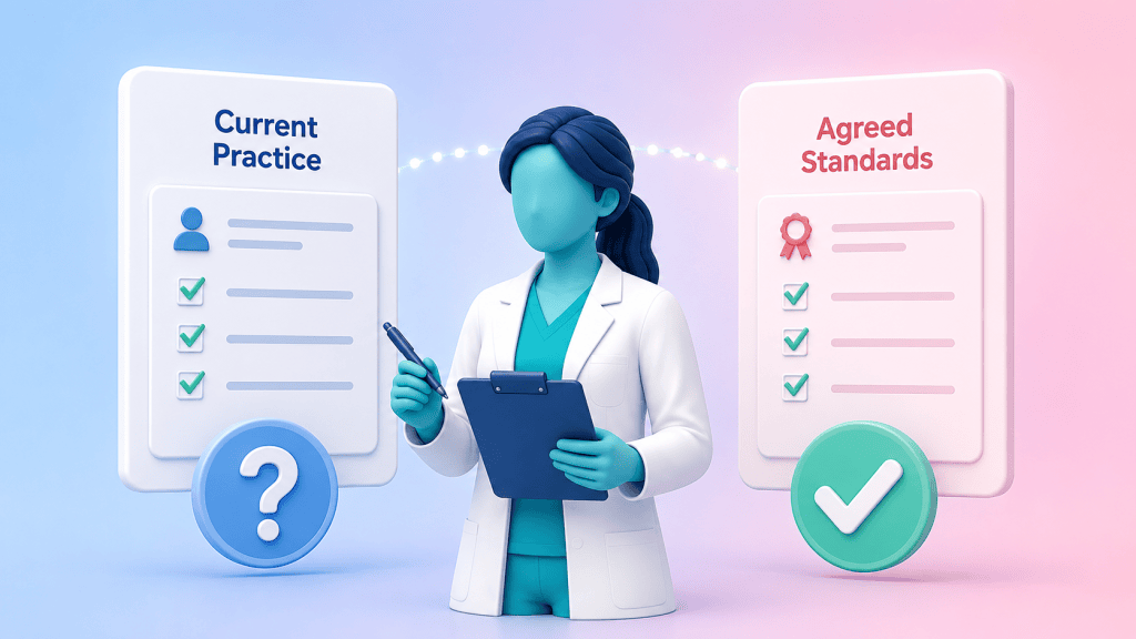 Healthcare professional surrounded by a circular flow of icons representing the clinical audit cycle, emphasizing quality improvement in primary care.