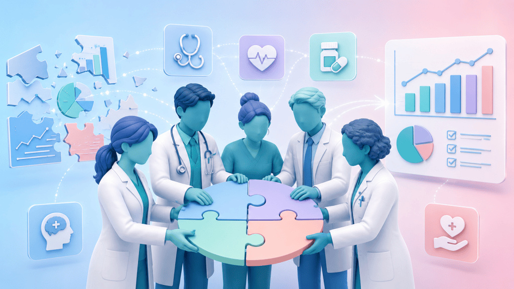 Healthcare professionals from various disciplines link arms, forming a cohesive team, symbolizing shared ownership and the benefits of collaborative working in chronic care management.