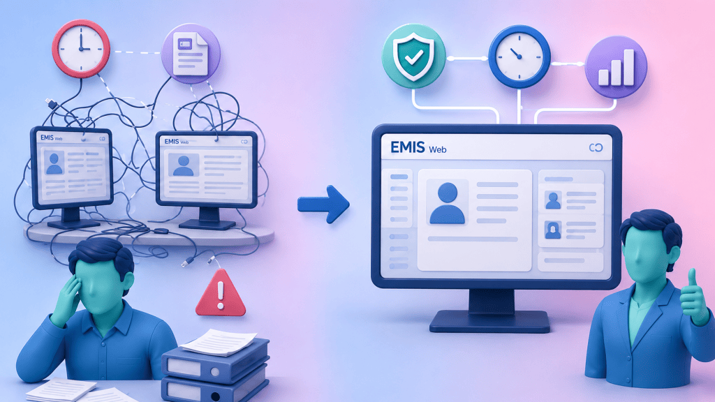 A comparison graphic showing disconnected systems versus a streamlined, unified EMIS system, illustrating the benefits of integration like improved audit trails and faster workflow.