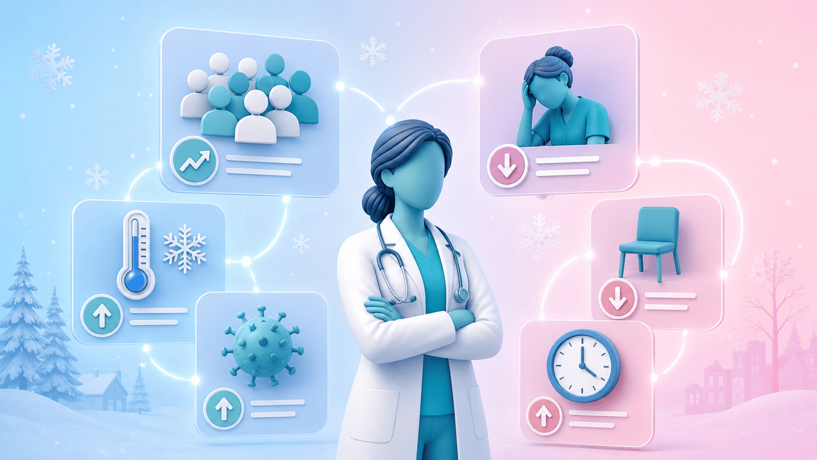 Primary care professional surrounded by symbols of increased demand and reduced capacity, representing the challenges of winter pressures in healthcare.
